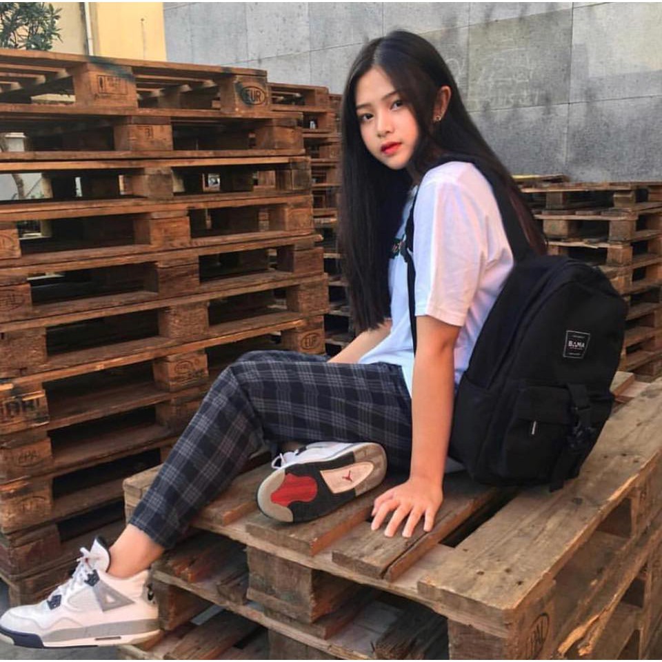 Quần caro xanh đen UNISEX 5theway - Quần baggy ca rô - Plaid Pants Xám đen ảnh thật