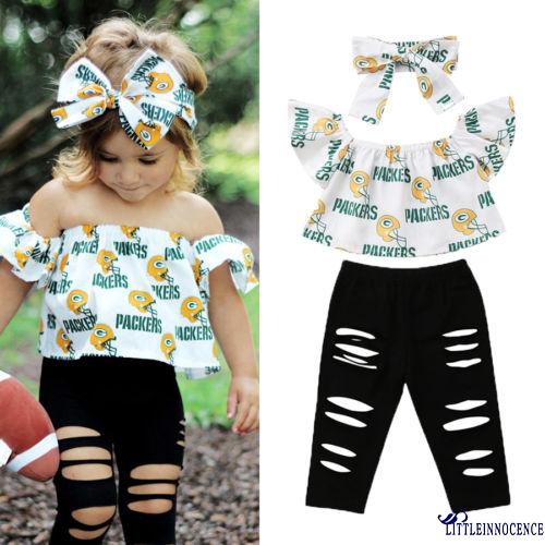 ❤XZQ-Cute Style Kids Baby Girls Off Shoulder Tops Ripped Leggings Pants 3PCS Outfits Set