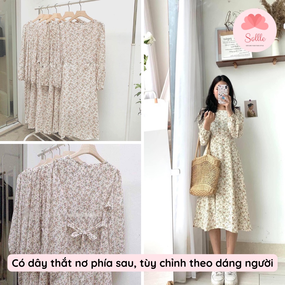 Váy trắng hoa nhí cỏ dài tay thanh lịch đầm babydoll dáng dài vintage nữ tính Hàn Quốc Sollle