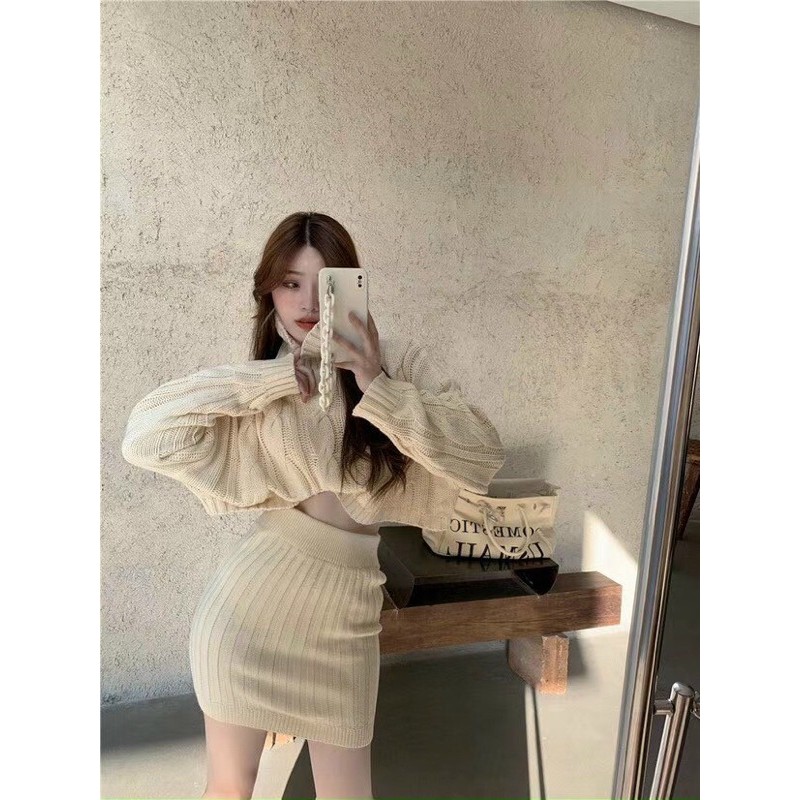 Set áo len cổ lọ kèm chân váy hot hit