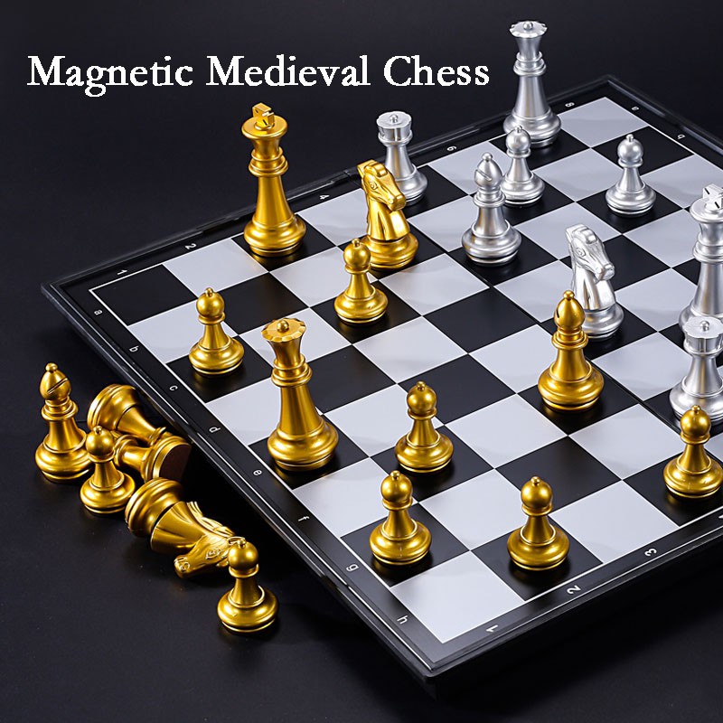 Magnetic Chess Board Medieval Chess Set Foldable Portable 32 Gold Silver Chess Pieces Quality Chess Game Toys Gifts