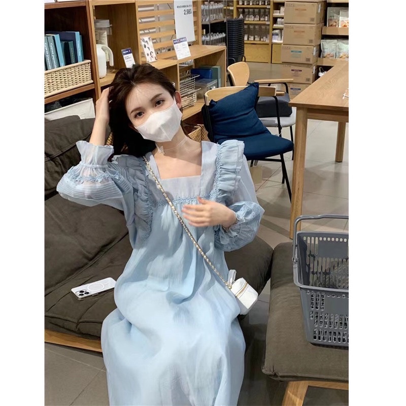 Váy babydoll xanh dương Nữ dáng dài xuông nhẹ nhàng nữ tính đi biển đi chơi