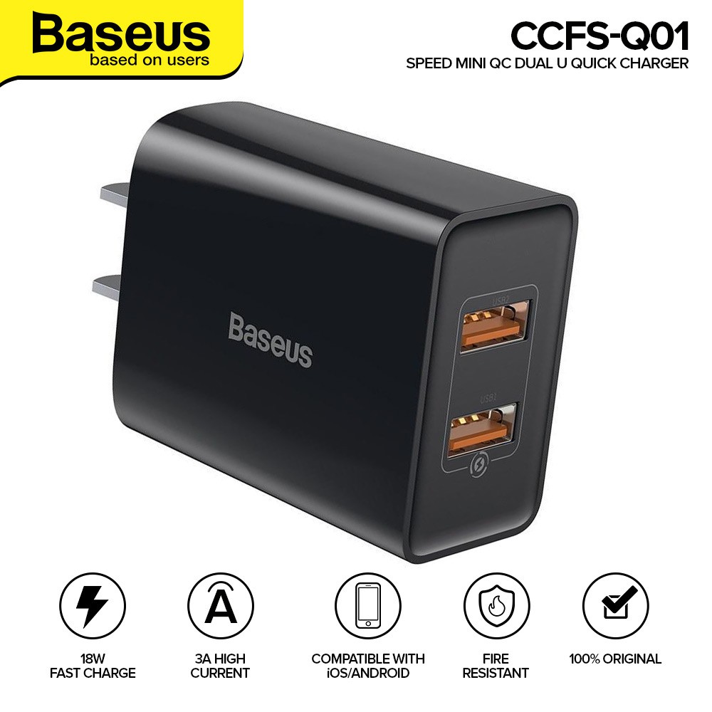 Củ sạc nhanh 2 cổng 18W Baseus - BASEUS Speed Mini QC Dual U Quick Charger 18W Hỗ trợ sạc nhanh 18W