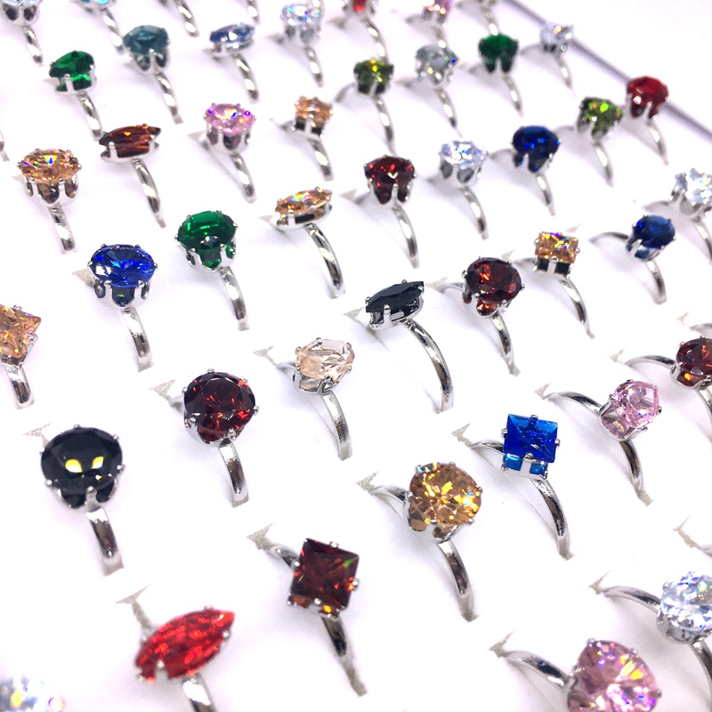 Bộ 50 Nhẫn Mạ Bạc Đính Đá Zircon Nhiều Màu Thời Trang