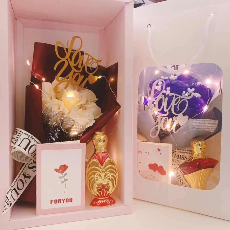 [SIÊU RẺ] Set quà tặng túi hộp kéo + bó hoa  + đèn LED siêu sang