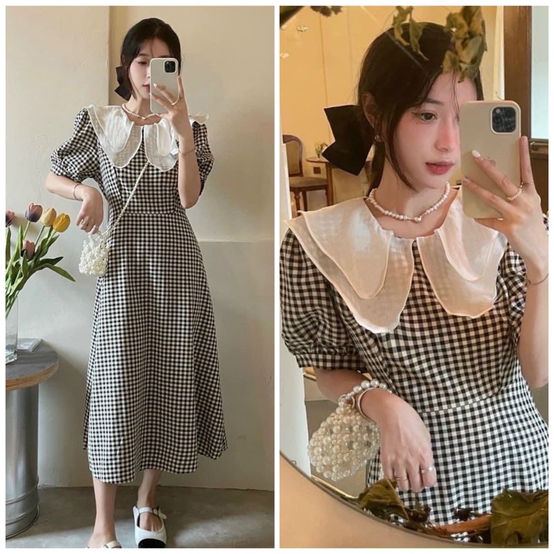 Đầm váy midi kẻ đen cổ trắng (kèm hình thật)