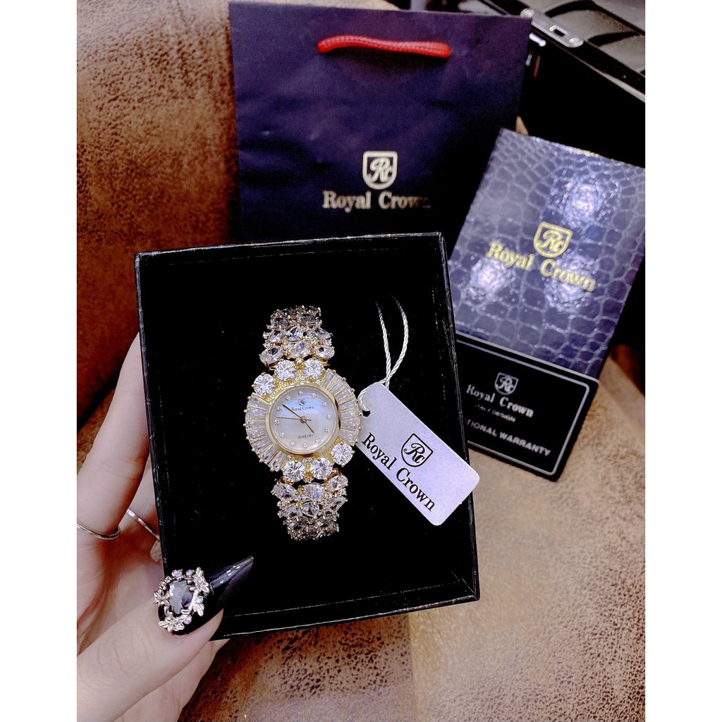 Đồng hồ nữ chính hãng, đồng hồ đeo tay nữ ROYAL CROWN full box đính kim cương nhân tạo cực kỳ cao cấp, sang trọng