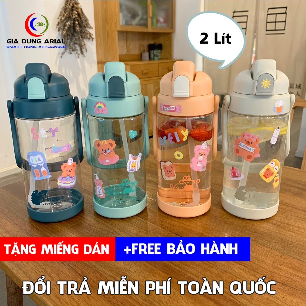 [ HOT 2021 ] Bình Nước 2 Lít Có Vạch Kẻ Chia ML Cho Mỗi Ngày Kèm Ống Hút Tiện Lợi Bình Đựng Nước An Toàn Cho Sức Khoẻ