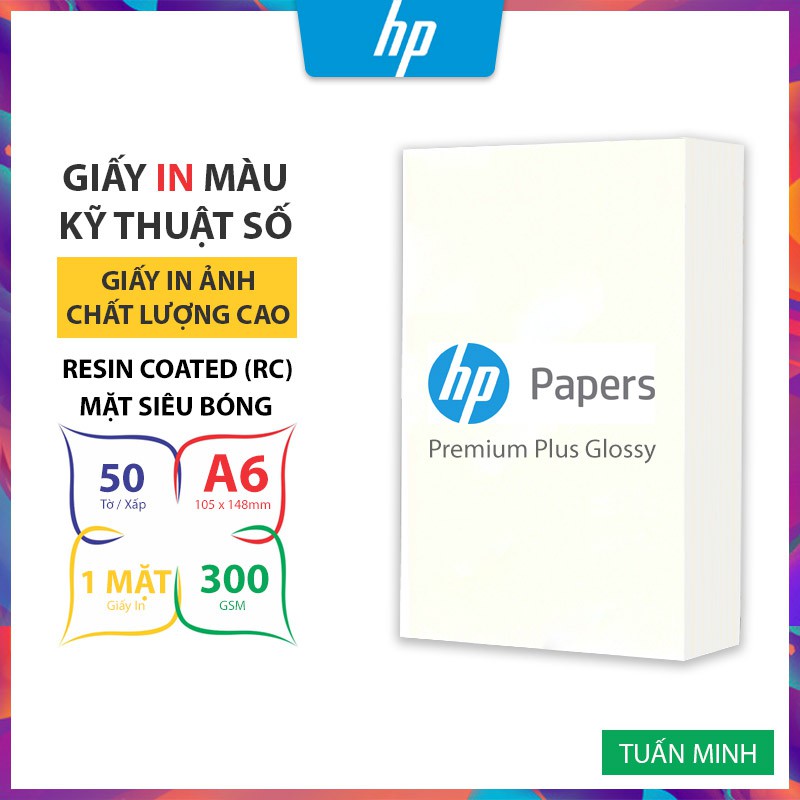 Giấy In Ảnh Cao Cấp HP Premium Plus Glossy (Resin Coated RC) 1 Mặt Siêu Bóng A6 300gsm 50 Tờ