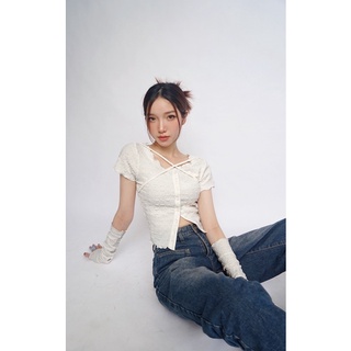 JANET STUDIO • Áo vải nhún dây chéo