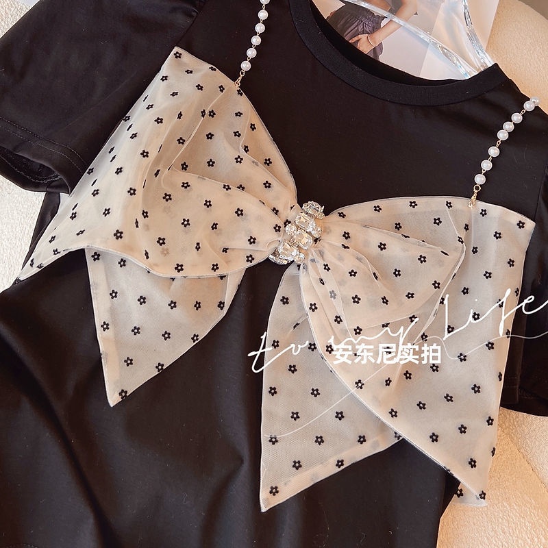 Áo Thun Tay Ngắn Dáng Rộng Màu Đen Đính Hạt Thời Trang Mùa Hè Cho Nữ