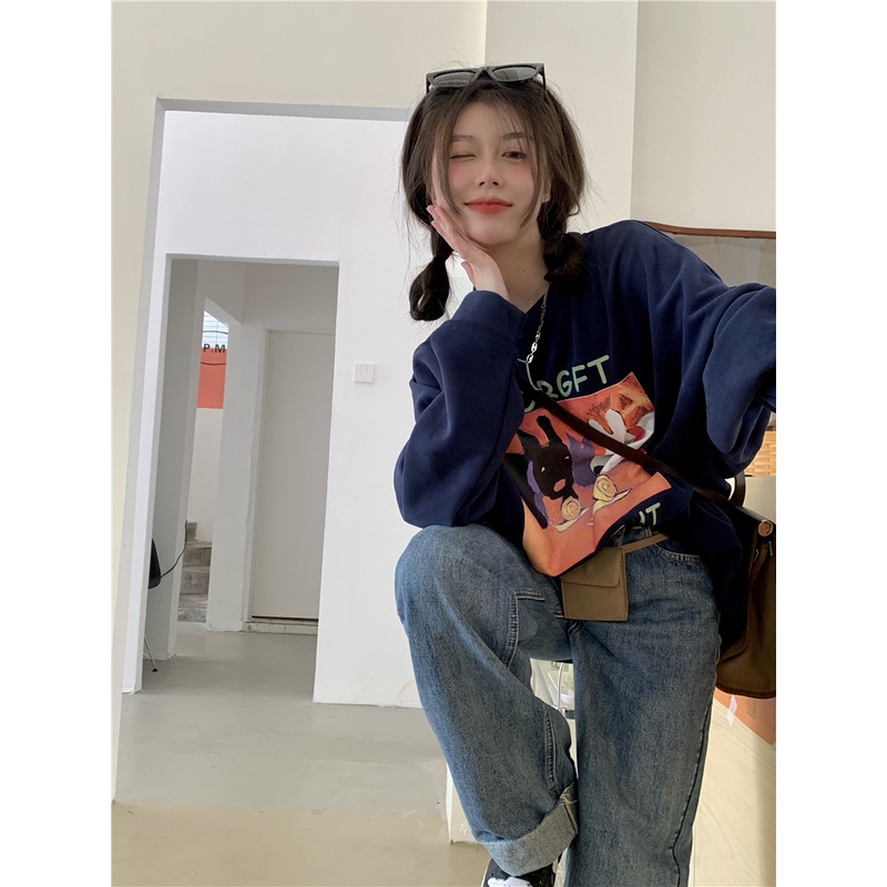 Áo thun tay dài cổ tròn dáng rộng in họa tiết thời trang mùa thu phong cách Hàn Quốc cho nữ 2 màu tùy chọn | BigBuy360 - bigbuy360.vn