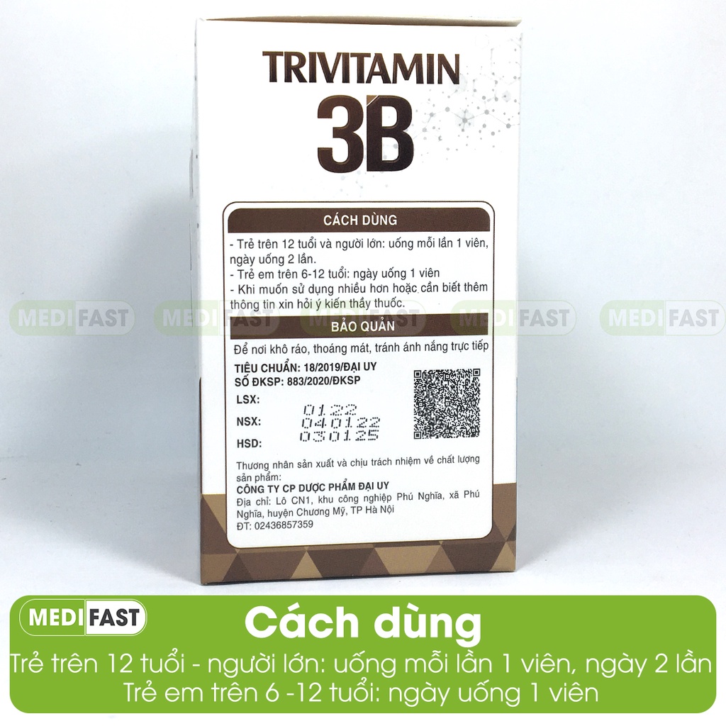 Viên uống Vitamin 3B - bổ sung vitamin B1 B6 B12 giúp bồi bổ sức khỏe - Hộp 100 viên nang thêm dầu đậu nành