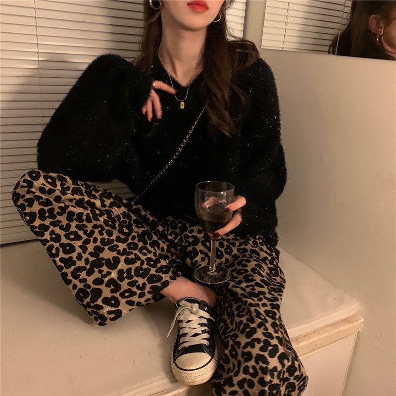 Unique Quần ống xuông retro da báo ulzzang Unisex Quần loang màu ống xuông vải dày dặn