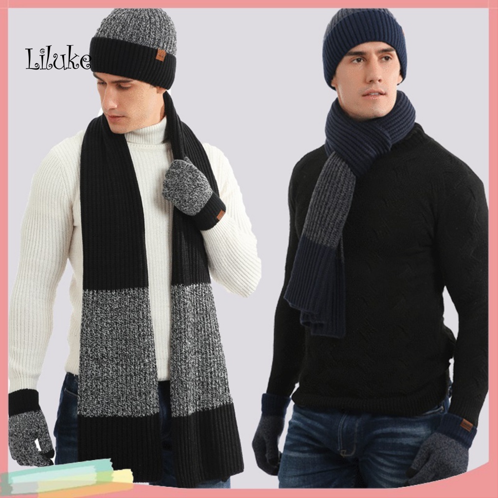 Set 3 Món Mũ Khăn Choàng Găng Tay Len Đan Màu Sắc Tương Phản Cho Nam Và Nữ