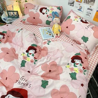 Bộ chăn ga gối drap giường chất cotton poly họa tiết đào hồng phối caro