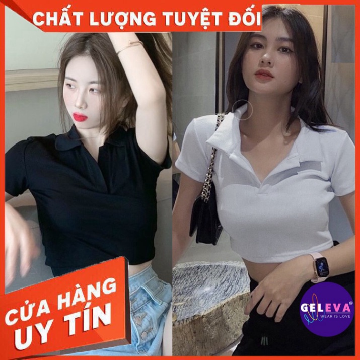 Áo croptop nữ thun sơ mi kiểu ôm body có cổ tay ngắn đẹp, Áo polo nữ croptop crt Ulzzang crop top phông cổ bẻ đen trắng
