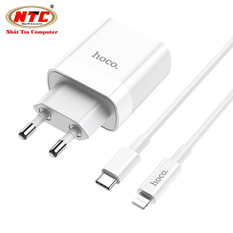 Bộ Cốc sạc 2 cổng USB và PD kèm Cáp sạc Type-C to Lightning Hoco C80A QC3.0 và PD20W (Trắng)