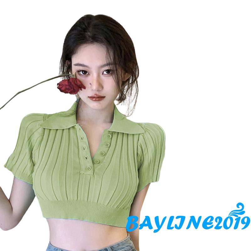 Áo Thun Ngắn Tay Cổ Bẻ Cài Nút Cổ Bẻ Màu Trơn Cho Nữ