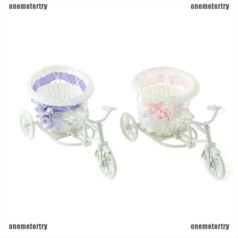 Giỏ xe đạp màu trắng chở chậu hoa trang trí nhà cửa