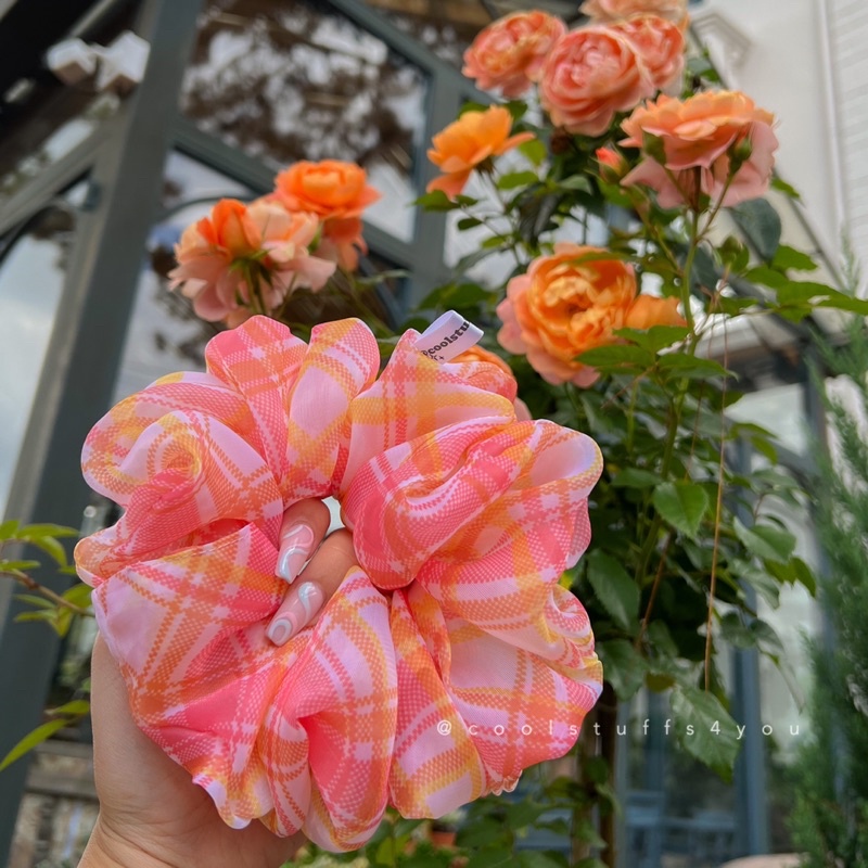 Buộc Tóc Scrunchies Voan Phồng Sọc Vàng Cam