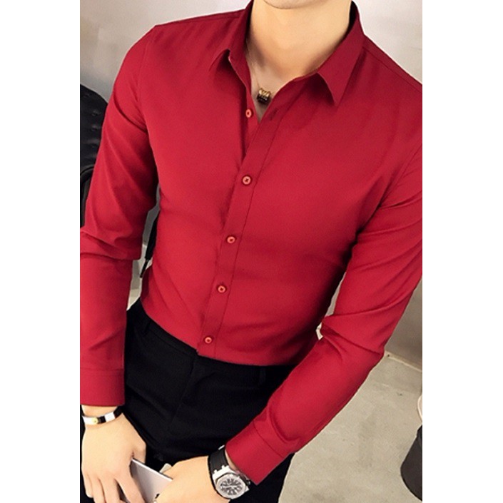 Áo Sơ mi nam đỏ đô dài tay vải không nhăn mịn mát