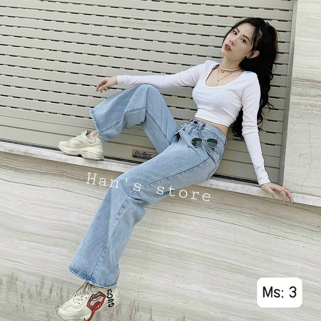 Quần Jeans Nữ, Quần Bò Nữ Aiori Ống Rộng Cạp Cao Trơn Kiểu Bò Suông Phong Cách Thời Trang Hàn Quốc Ulzzang_Mã 004