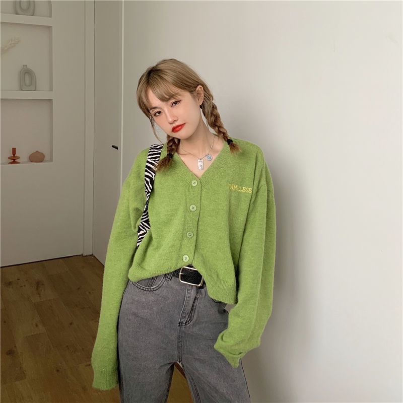 Áo khoác cardigan dệt kim tay dài thêu chữ phong cách Hàn Quốc kiểu mới dành cho bạn nữ