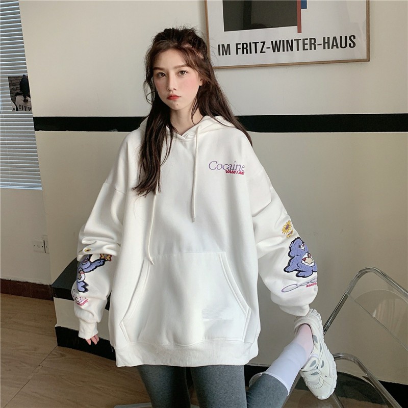 Áo hoodie nữ form rộng dài COCAINE đen, trắng vải nỉ in hình đẹp order quảng châu BST áo thu đông unisex Ulzzang 2020