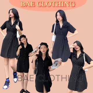 Đầm Đen form suông rộng có dây thắt cột điều chỉnh eo thon gọn thiết kế cổ chữ V