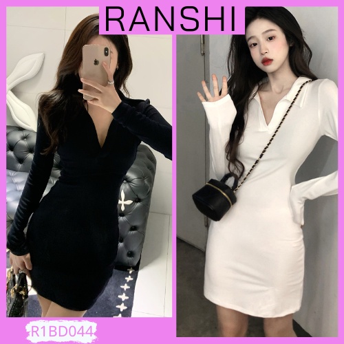 Đầm Body Dài Tay Sexy Cổ Polo RANSHI Váy Ôm Sát Có Hai Màu Đen Và Trắng Siêu Xinh Chất Thun Gân Dày Dặn - RBD044