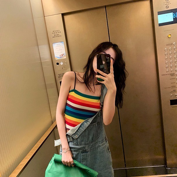 Jiashucheng Áo Không Tay Kẻ Sọc Cầu Vồng Màu Sắc Tương Phản Phong Cách Mới Mùa Hè Cho Nữ