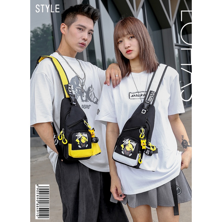 Túi đeo chéo nam nữ họa tiết Pikachu phản quang vải dù Canvas thời trang, tặng kèm móc khóa Pikachu cute, Apolo Shop