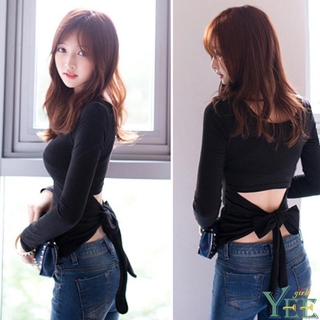 Áo thun tay dài cổ tròn thắt nơ sau lưng cho nữ