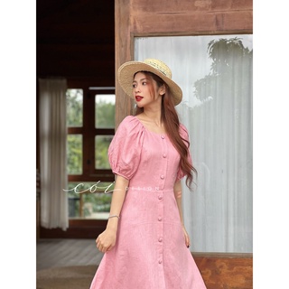Đầm linen nút bọc tay phồng Cói Design