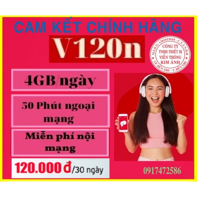 [ Free Miễn Phí Tháng Đầu ] -SIM VIETTEL GÓI V120N ƯU ĐÃI 4GB/NGÀY +  miễn phí gọi- SIM V120N / MP50