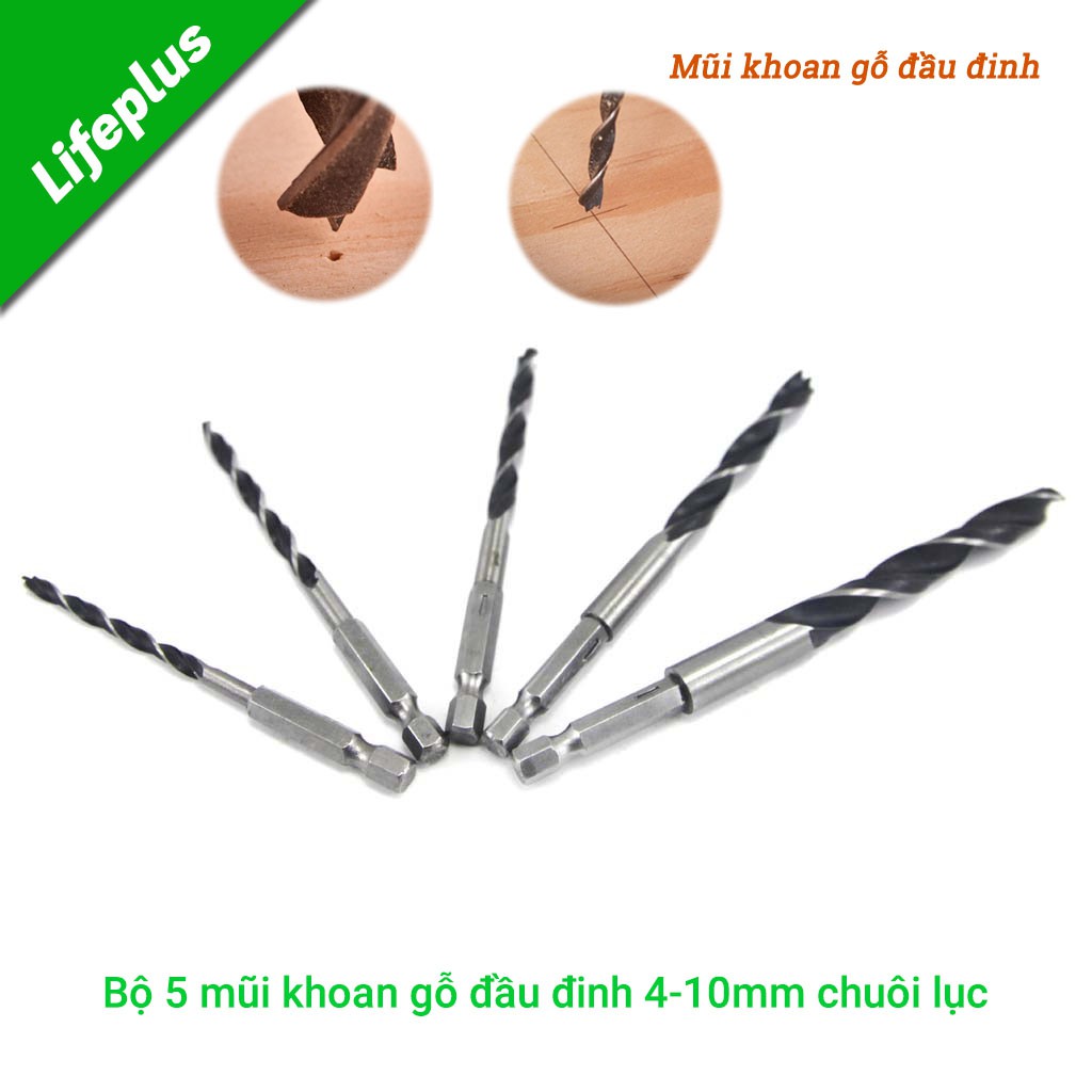 Bộ 5 mũi khoan gỗ đầu đinh 4-10mm chuôi lục thép Cacbon