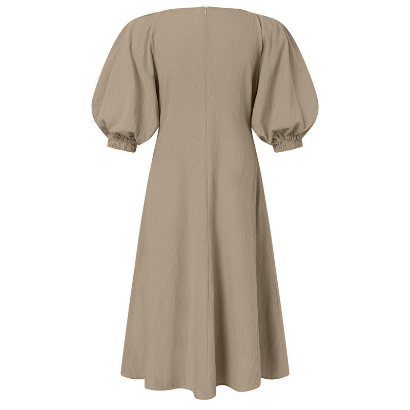 Đầm dài ZANZEA từ cotton kiểu dáng chữ A cổ chữ V tay phồng thời trang đường phố màu trơn cho nữ