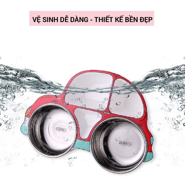 Khay ăn dặm chia ngăn cho bé Inox  hình ô tô Royalcare 0805 - Set 3 món: khay ăn chia ngăng - Thìa tập xúc - Dĩa tập ăn