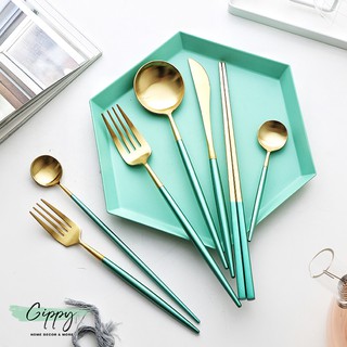 Bộ dao thìa dĩa đũa màu gold chuôi xanh mint phong cách Bắc Âu - Gippy Decor