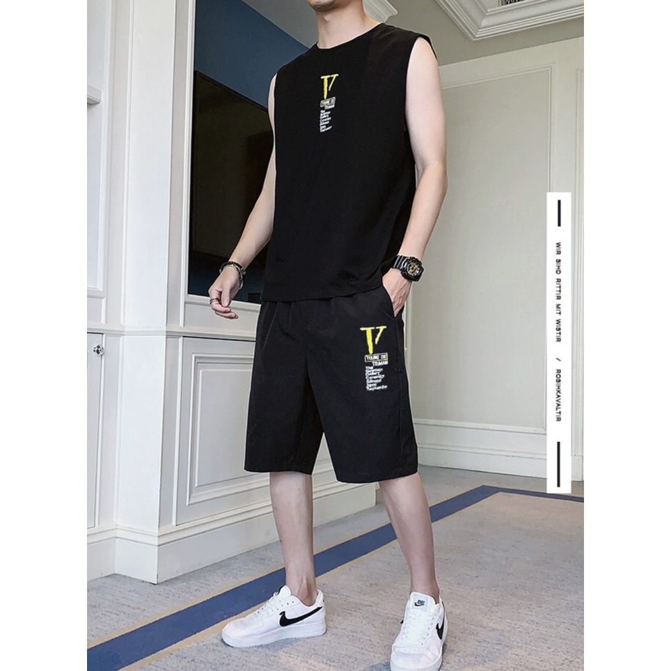 [ XA KHO ] Bộ thể thao sát nách nam, đồ tập gym nam thun mè thoáng mát hoa tiệt chữ V 2 màu đen trắng đơn giản M22
