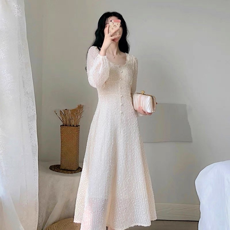 Đầm Ngọc Cổ Vuông Váy Tiểu Thư