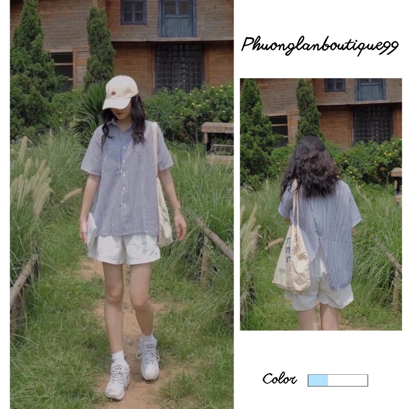 Set quần áo  Set áo sơ mi kẻ xanh quần sooc kaki trắng tiểu thư bánh bèo Ulzzang PHULA