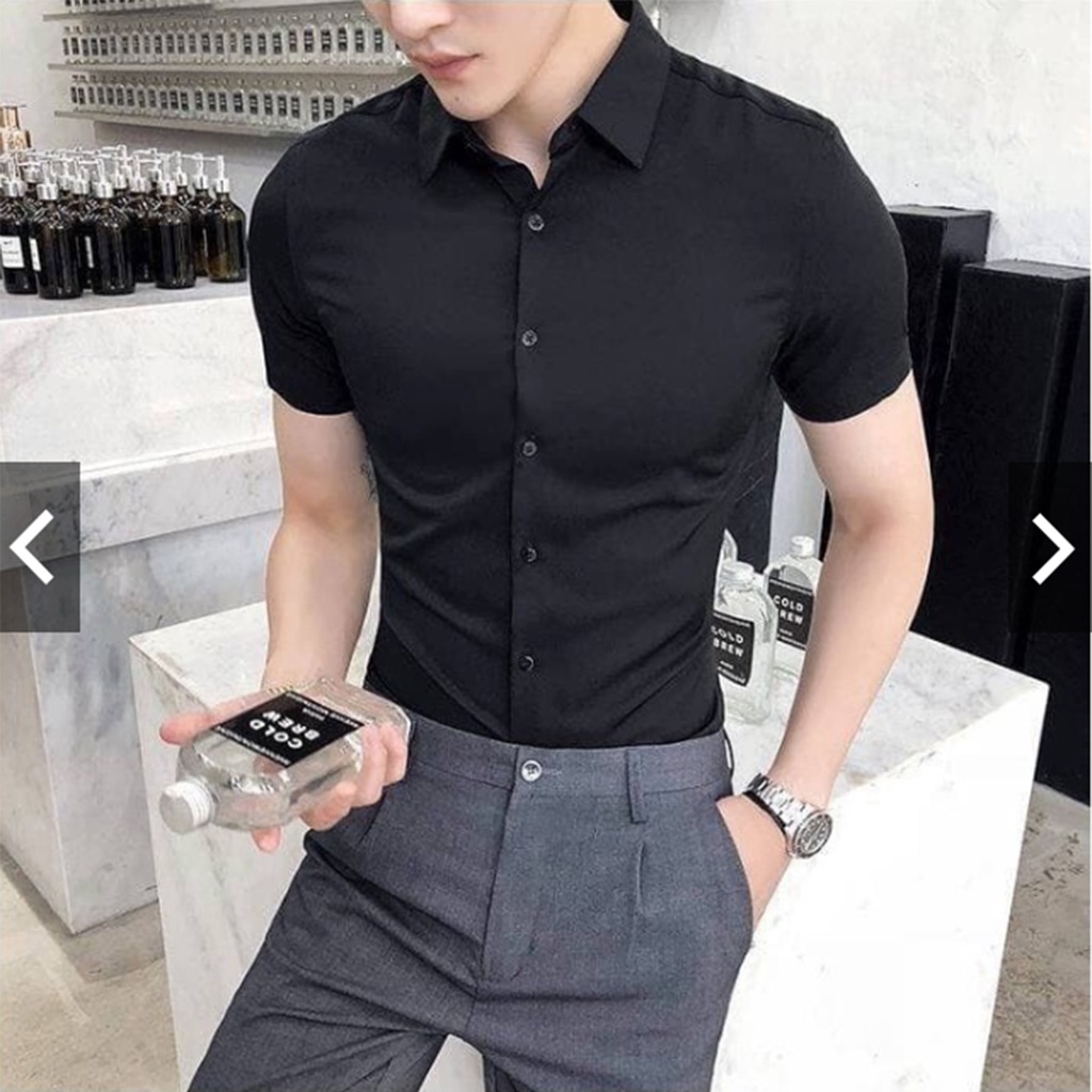 Áo sơ mi nam ngắn tay cổ bẻ vải lụa chống nhăn chống xù áo sơ mi nam tay ngắn bó sát người thoáng mát bền bỉ