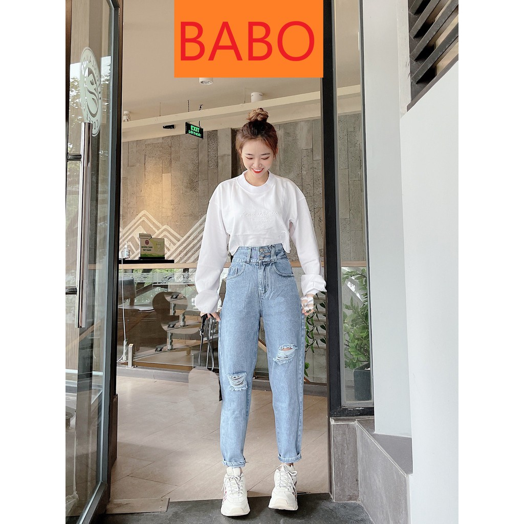 [ NY335 ] QUẦN BAGGY JEAN NỮ LƯNG CAO 2 NÚT XẺ NỮA ĐĨA CHÉO RÁCH 2 GỐI TO MÀU XANH NHẠT CAO CẤP BABO ĐỦ SIZE S, M, L