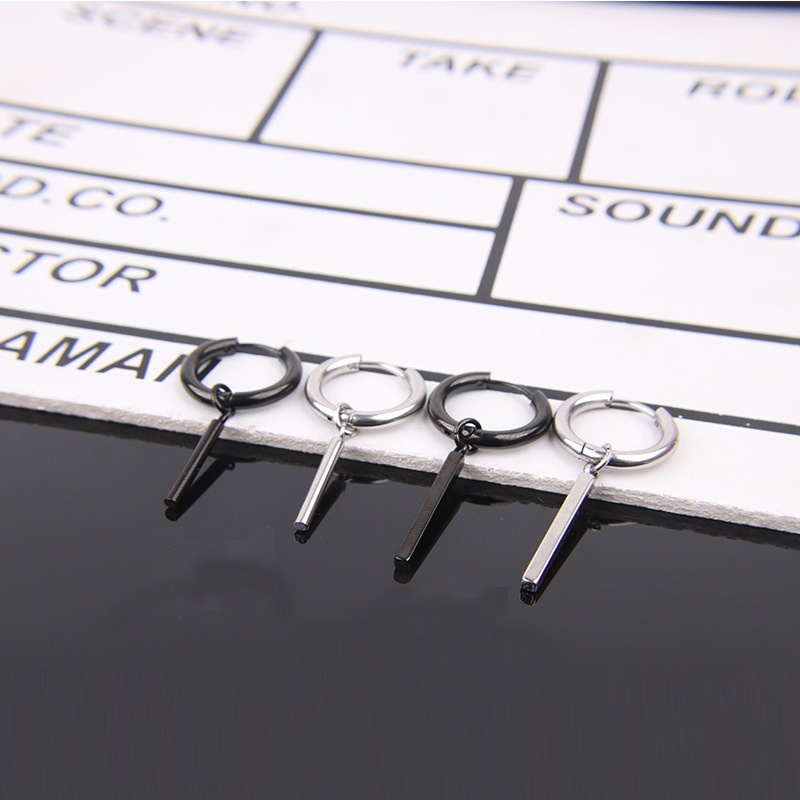 Khuyên tai nam dáng dài kiểu dáng thanh trụ tròn phong cách kẹp và sỏ lỗ tai