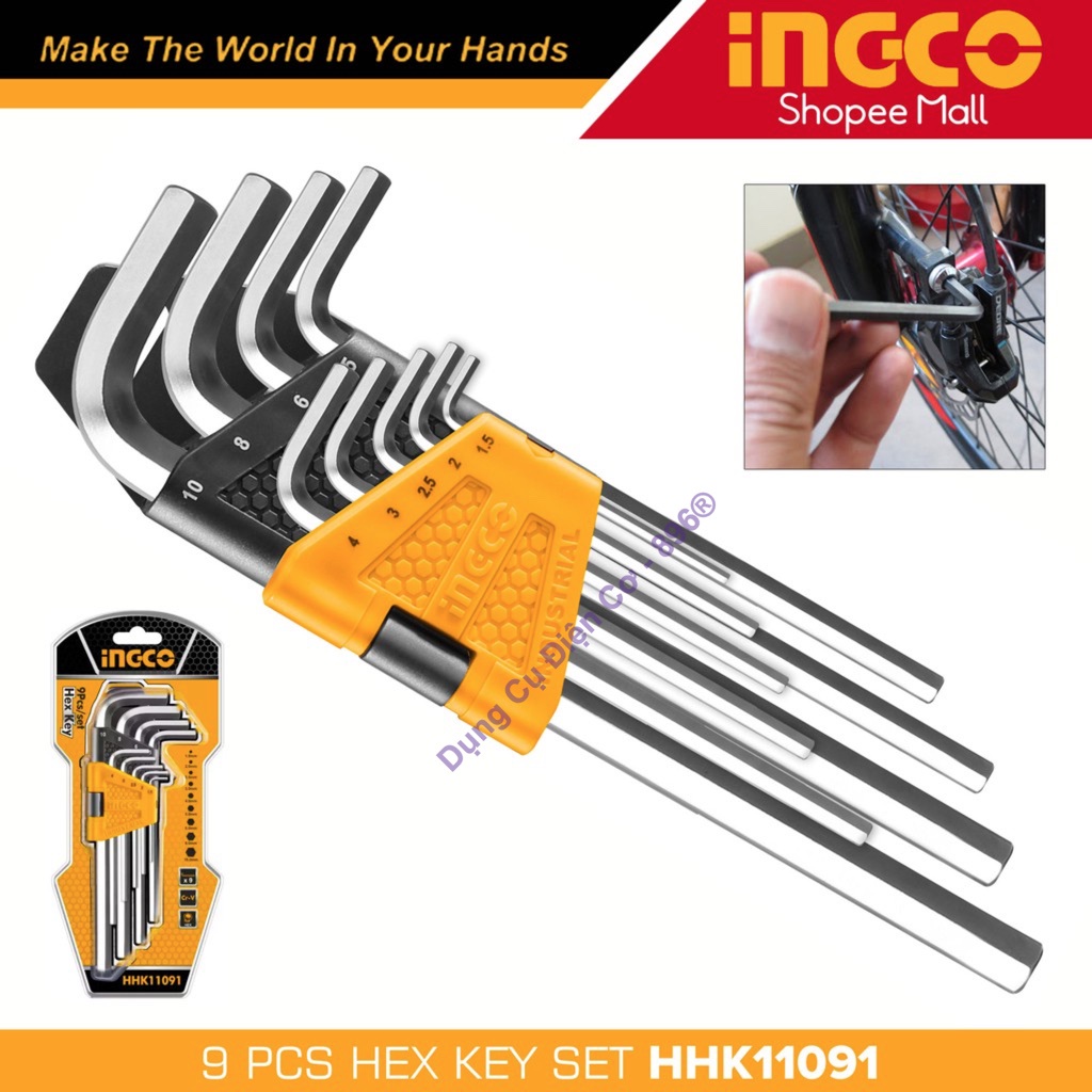 Bộ 9 lục giác đầu bằng đa năng INGCO HHK11091 1.5-10mm siêu cứng chống rỉ sửa chữa mở ốc vít xe máy ô tô máy móc