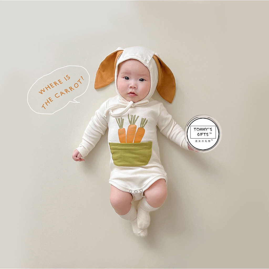 Bộ Áo Liền Quần Tay Dài In Hình Củ Cà Rốt + Mũ Tai Thỏ Vải Cotton Dễ Thương Cho Bé Sơ Sinh