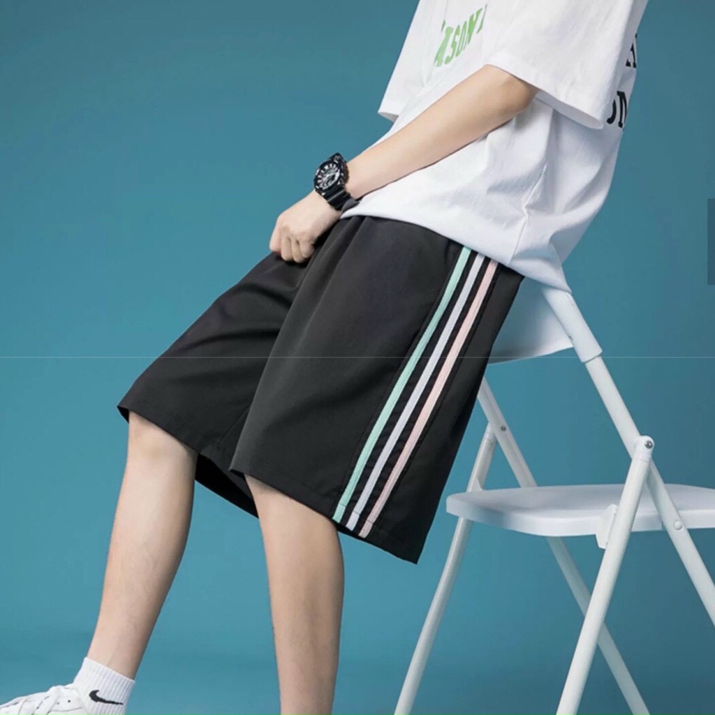 Quần Shorts nam nữ MEANSTORE sooc ống suông cạp chun Ulzzang short thể thao mặc ở nhà đi tập thoáng mát - Đen sọc màu