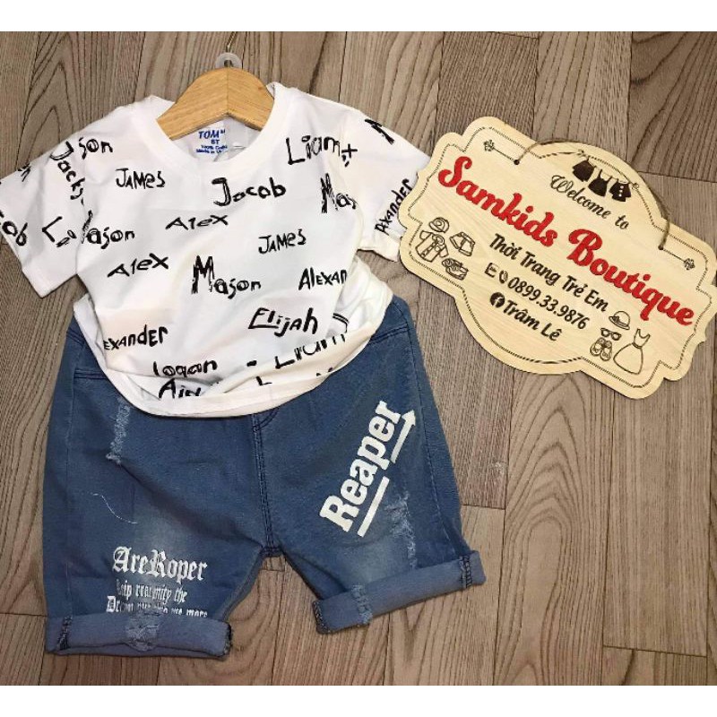 Set Áo Cotton quần Bò hình chữ cho bé